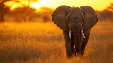 Obraz premium A majestic wild elephant walking through the African savanna at sunset, with golden light casting a warm glow on its wrinkled skin.