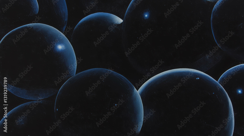 Poster abstract composition with black velvet spheres in smooth texture