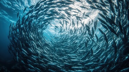 A massive school of sardines forming a swirling tornado shape as they move in harmony.