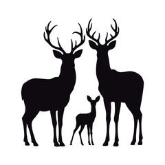 Stunning black silhouettes of various deer´s  kind  roe, female, and male wild deer
