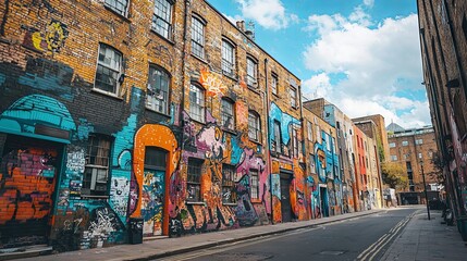 Fototapeta premium Vibrant Urban Street Art in Colorful Graffiti Alleyway