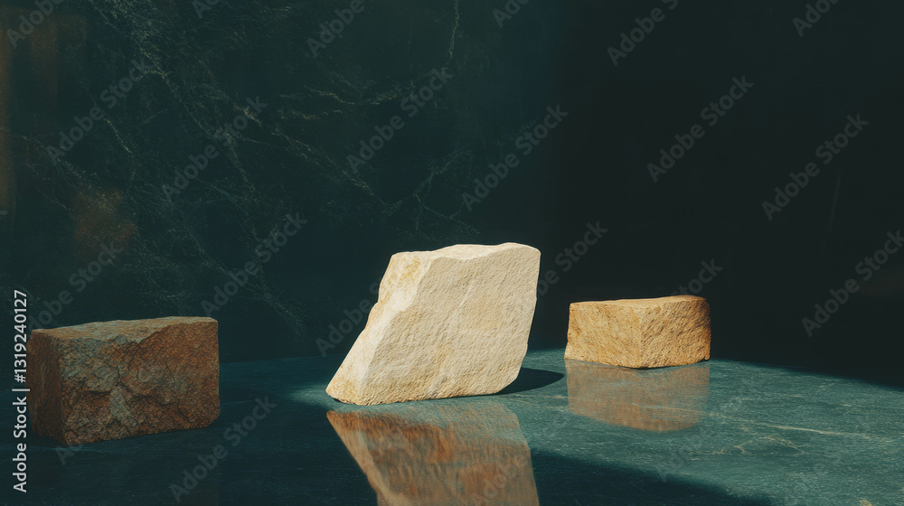 Poster Abstract stone background with minimalist chaos featuring three textured rocks
