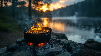 Campfire by a misty lake, sunset behind mountains, cozy wilderness, cinematic glow