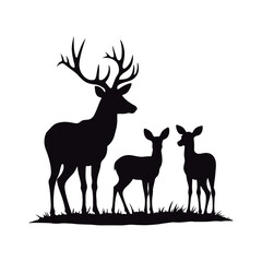Stunning black silhouettes of various deer&acute;s  kind  roe, female, and male wild deer
