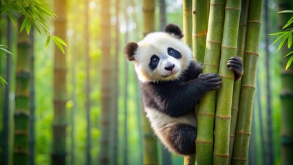 Fototapeta premium A playful young panda cub embraces a cluster of vibrant green bamboo stalks, sunlight filtering through the dense forest canopy