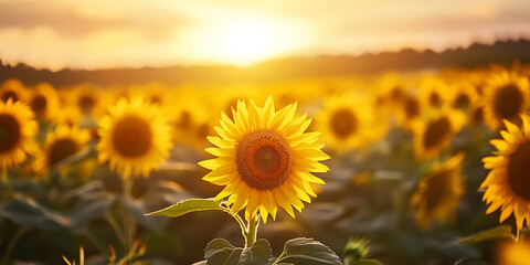 Obraz premium Close-Up of a Sunflower Field Stretching Towards the Horizon for Warm Summer Scenery, Floral Beauty, or Vibrant Nature Photography