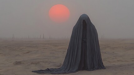 A shrouded figure stands on a desolate landscape beneath a large sun