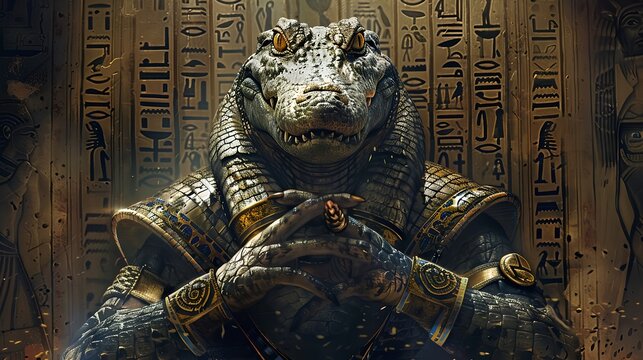 Anthropomorphic crocodile god in golden armor before hieroglyph wall