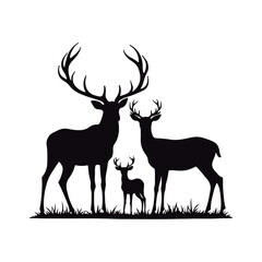 Stunning black silhouettes of various deer´s  kind  roe, female, and male wild deer
