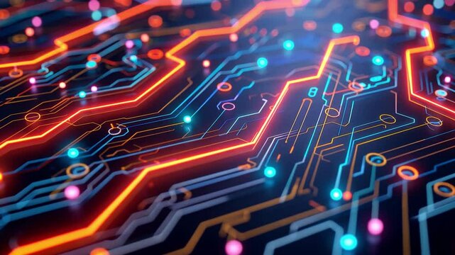 Vibrant Digital Circuit Board with Glowing Lines and Nodes Showcasing Technology, Connectivity, and Innovation in Modern Electronics Design and Complexity
