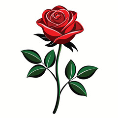 Fototapeta premium A silhouette illustration of a rose flower with a stem and leaves on a white background 