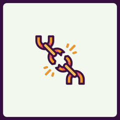 Broken chain link depicting weakness, failure, or a breach of connection