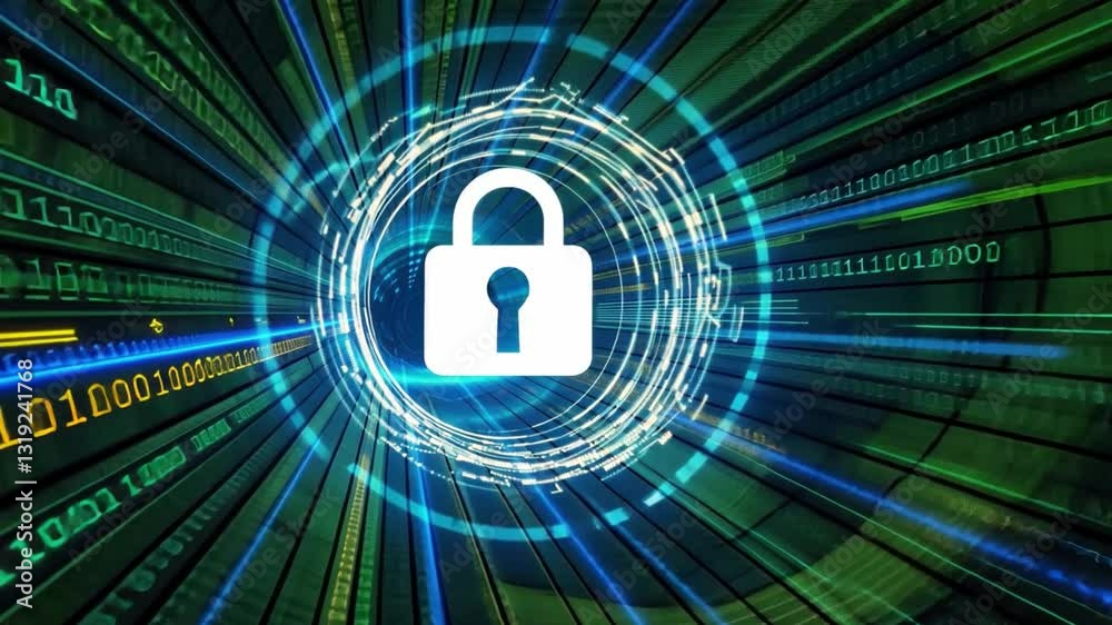 Poster digital padlock symbol surrounded by binary code and abstract lines represents cybersecurity, data p