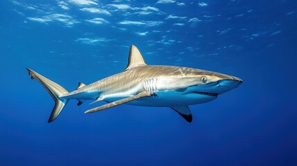 Obraz premium A silky shark moving gracefully in the open ocean, its sleek body cutting through the water.