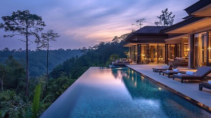 Modern luxury villa with infinity pool and mountain view during sunset
