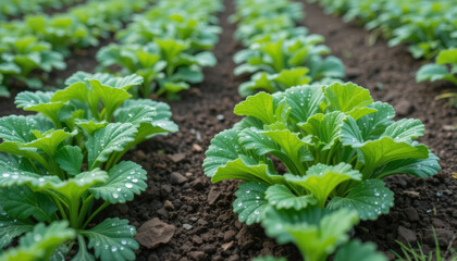 Fresh green leafy vegetables growing in farm field with dew drops