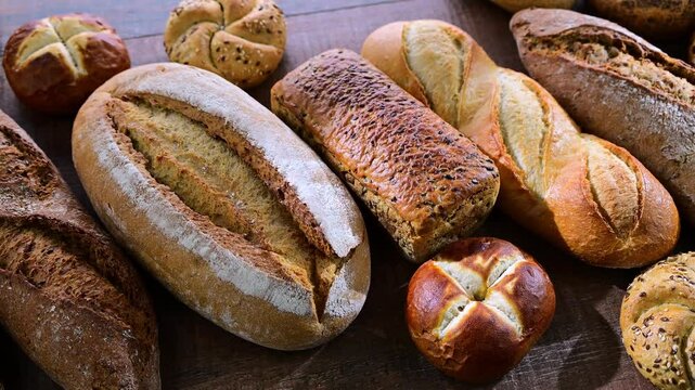 Assorted bakery products including loaves of bread and rolls