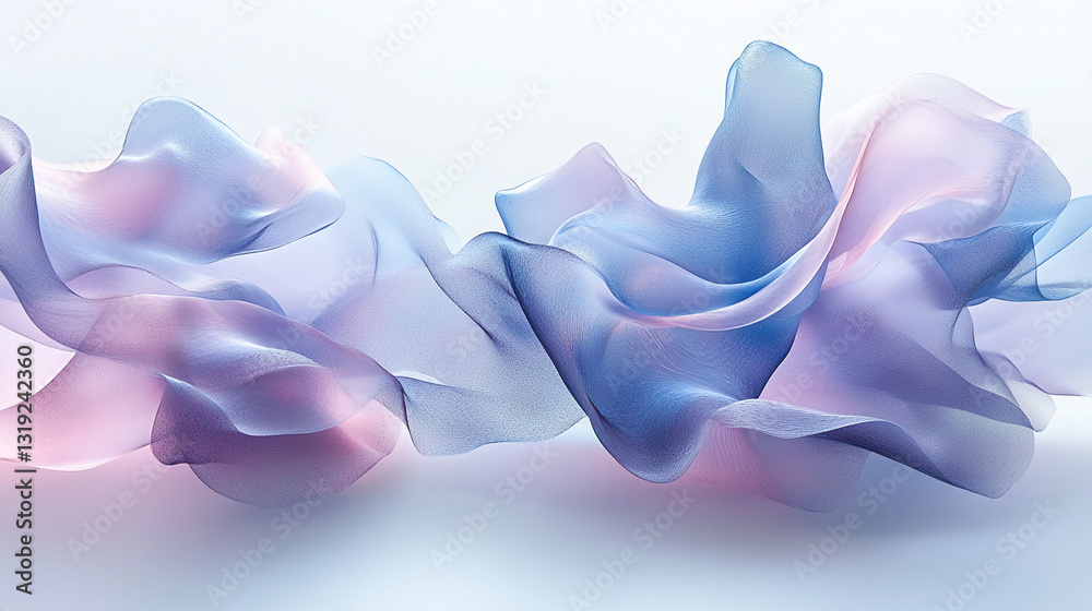 Poster abstract image of flowing, translucent fabric in shades of blue and pink, creating a soft, ethereal 