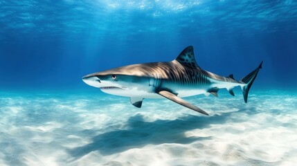 Fototapeta premium A tiger shark swimming near the ocean floor, its striped body blending into the sandy seabed.