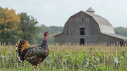 Fototapeta premium A turkey standing proudly in a farmyard, displaying its colorful feathers with a wooden barn in the background.