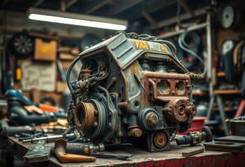 Fototapeta premium Rusty Engine Block in a Cluttered Workshop, Showing Details of Wear and Age