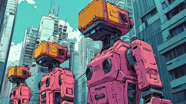 Futuristic Cartoon Mecha Warrior in High-Tech Armor Battling in a Sci-Fi Neon World