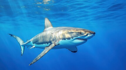 Obraz premium A young great white shark swimming in crystal-clear blue waters, showcasing its graceful motion.