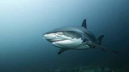 Fototapeta premium A bull shark moving stealthily through murky waters, its presence both mysterious and intimidating.