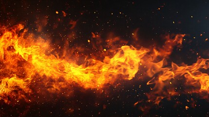 Dynamic flames swirling, bright orange and yellow hues contrasting against dark background, perfect for action themes or intensity.