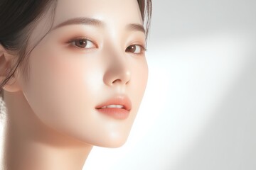 Obraz premium Korean Skincare A close-up portrait of a young woman with radiant skin and a soft expression, illuminated by natural light.