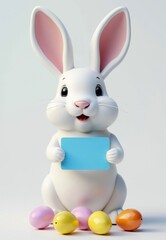 Obraz premium White Easter Bunny with Blue Sign and Pastel Eggs