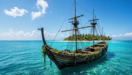 majestic ship anchored in clear turquoise waters, surrounded by lush greenery and serene beach