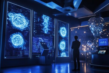 A high-tech laboratory scene with AI-powered machines analyzing human cells and glowing digital panels displaying molecular structures in anti-aging research