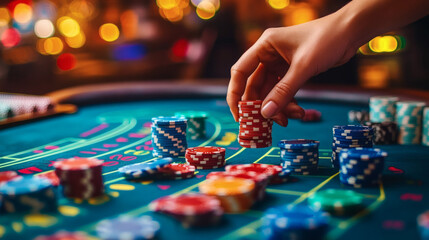 High Stakes: A close-up captures a hand carefully placing casino chips on a vibrant game table, lit by the soft glow of the casino atmosphere