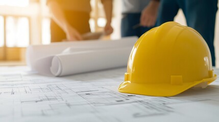 Construction worker's hard hat, safety gear on job site, surrounded by blueprints, setting the stage for project management.