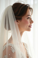 Loving bride in graceful profile, highlighting lace wedding dress and veil with pure radiant softness. Loving aura captures deep passion, creating timeless portrait of eternal joy and devotion