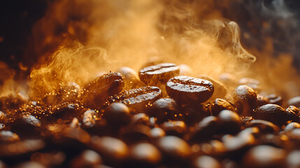 Coffee beans roasting with golden smoke, morning ritual, aromatic warmth, rustic charm
