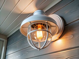 Aerial drone shot:  Halogen lamp's warm glow within a white wood home automation system.