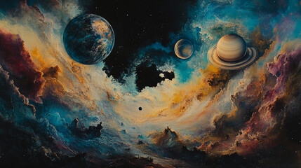 Colorful nebula painting, showcasing planets and stars, evokes feelings of wonder and vastness, suitable for space or fantasy themes