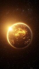 Distant planet radiating a bright yellow glow in a stunning elegant cosmic scene against a dark starry background