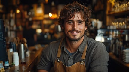 A smiling barista with a hat stands confidently at the counter of a coffee shop, wearing a gray t-shirt and a black apron.