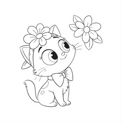 Obraz premium Adorable Cartoon Kitten with Blue Eyes, Bow Tie, and Floral Headpiece