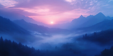 Fototapeta premium Dreamy Valley Covered in Mist at Sunrise for Nature Photography, Travel Inspiration, or Atmospheric Art Projects