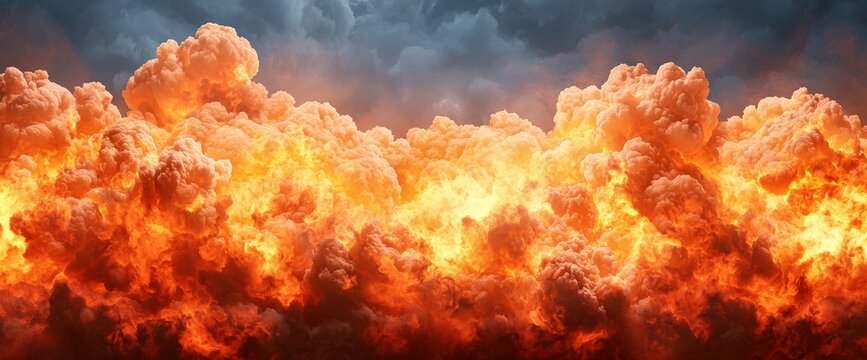 Massive eruptive fire emitting thick smoke and ash clouds against a dramatic background of venusian sulfur clouds