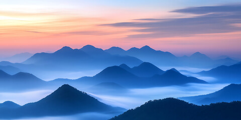 Obraz premium Dreamy Fog-Covered Mountain Peaks at Sunrise for Serene and Mystical Nature Escape