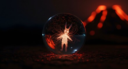 Creative display of a glowing rabbit figure encased in a crystal sphere with a volcanic backdrop showcasing vibrant colors and captivating details Generative AI