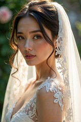 Asian bride in lace wedding dress and veil, standing in garden with serene expression. Delicate details and lovely silhouette evoke gentle romance, gracefully celebrating love and natural beauty