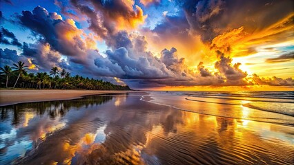 Boipeba Beach's sunrise: a cloudy Bahia sky casts long shadows across the sandy shore.