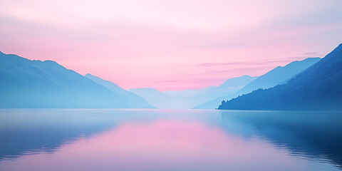 Fototapeta premium Dreamy Pastel Sky Over a Quiet Mountain Lake for Tranquil Reflection and Serene Escape