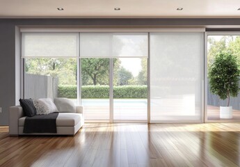 Fototapeta premium Modern living room with sheer shades, sliding glass doors, and pool view.